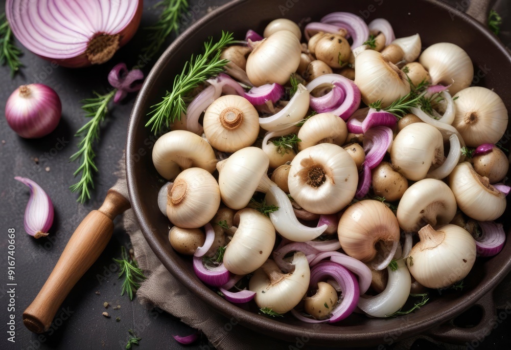 fresh champignons with onions and herbs, ai fresh champignons with onions and herbs, ai