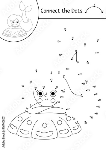 Vector dot-to-dot and color activity with cute mermaid on seashell. Ocean kingdom connect the dots game with sea princess. Marine coloring page for kids. Underwater printable worksheet