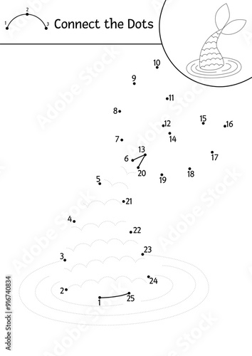 Vector dot-to-dot and color activity with cute mermaid tail. Ocean kingdom connect the dots game with sea princess. Marine coloring page for kids. Underwater printable worksheet