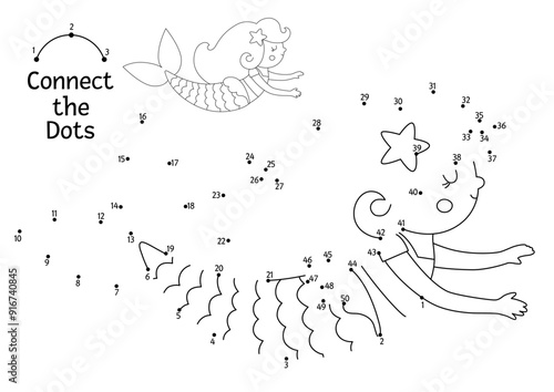 Vector dot-to-dot and color activity with cute swimming mermaid. Ocean kingdom connect the dots game with sea princess. Marine coloring page for kids. Underwater printable worksheet