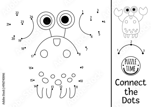 Vector mermaid dot-to-dot and color activity with cute crab. Ocean kingdom connect the dots game with water animal. Marine coloring page for kids. Underwater printable worksheet