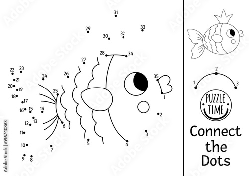 Vector mermaid dot-to-dot and color activity with cute fish with crown. Ocean kingdom connect the dots game with water animal. Marine coloring page for kids. Underwater printable worksheet