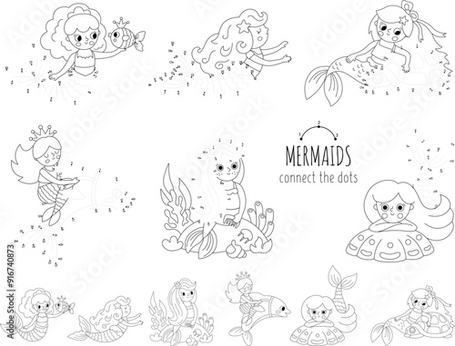 Vector dot-to-dot and color activities set with cute mermaids. Ocean kingdom connect the dots games collection with sea princess. Marine coloring page for kids. Underwater printable worksheet