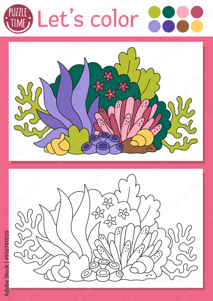 Mermaid coloring page for children with cute seaweeds. Vector ocean ...