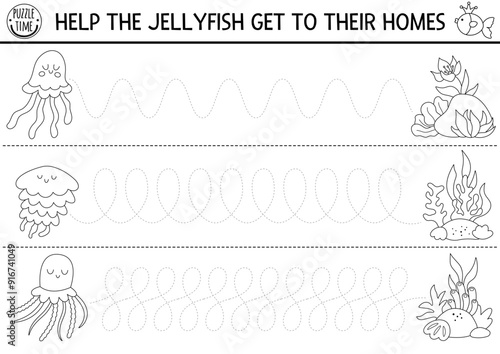 Vector handwriting practice worksheet with jellyfish and seaweed houses. Ocean kingdom printable black and white activity for preschool children. Tracing game, coloring page for writing skills