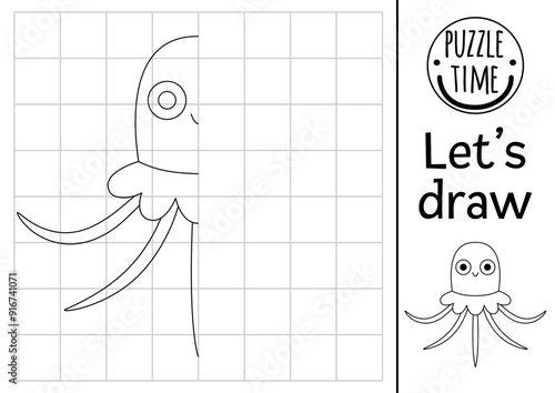 Complete the jellyfish. Vector ocean kingdom symmetrical drawing practice worksheet. Marine printable black and white activity for kids. Copy the picture coloring page with water animal