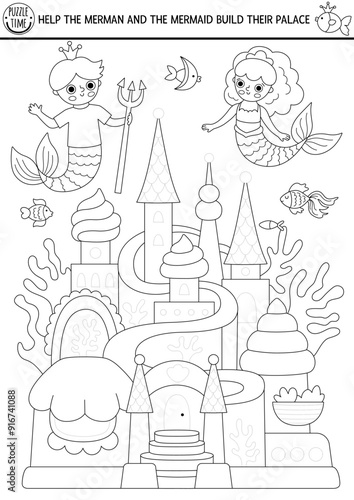 Trace the mermaid castle. Vector ocean kingdom drawing practice worksheet. Printable black and white activity for kids. Fairytale coloring page with sea princess house. Decorate underwater palace