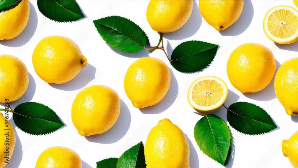 Pattern of lemons and leaves on a white background. Textile designs, wallpaper, and summer projects. Juicy ripe yellow lemons, green leaves. Tropical organic citrus fruit. Pattern of lemons and leaves on a white background. Textile designs, wallpaper, and summer projects. Juicy ripe yellow lemons, green leaves. Tropical organic citrus fruit.