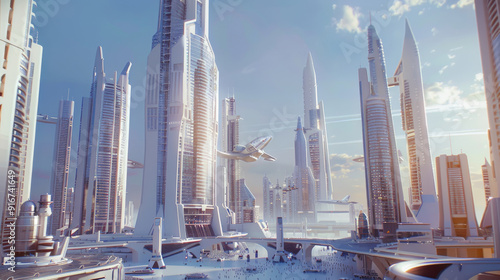 a cityscape that resembles a futuristic spaceport, with skyscrapers soaring like rockets into the celestial expanse above. Each skyscraper is a marvel of modern engineering, featuring sleek photo