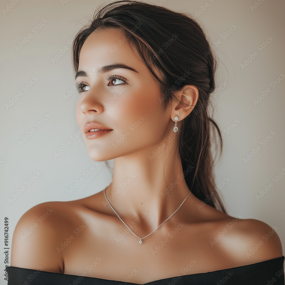 Side profile of a woman in a black off-shoulder top, featuring minimalistic jewelry, set against a neutral background, showcasing timeless beauty and grace. Side profile of a woman in a black off-shoulder top, featuring minimalistic jewelry, set against a neutral background, showcasing timeless beauty and grace.
