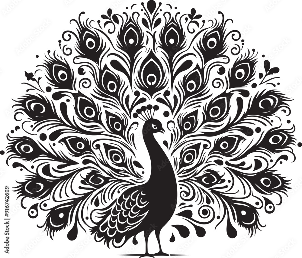 Obraz premium A striking peacock silhouette stands proudly, its magnificent tail feathers fanned out in a mesmerizing display of grandeur. The elegant curves and intricate details exude grace, beauty, and regal pre