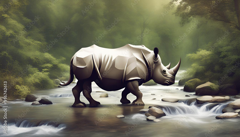 Fototapeta premium Natural images with flowing rivers using images of rhinos