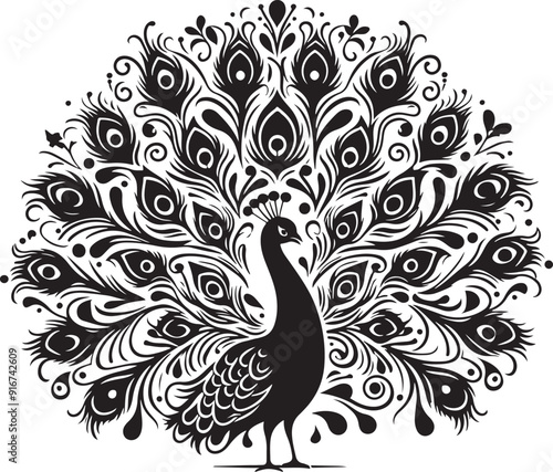 A striking peacock silhouette stands proudly, its magnificent tail feathers fanned out in a mesmerizing display of grandeur. The elegant curves and intricate details exude grace, beauty, and regal pre