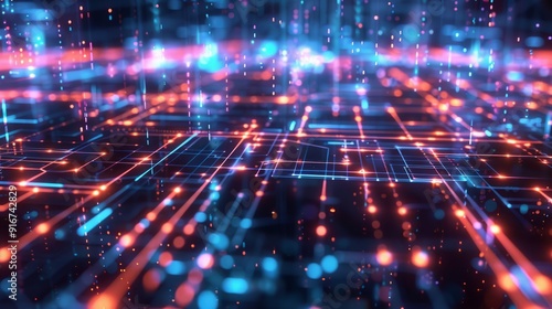 Abstract digital network background with glowing lines. A futuristic abstract background featuring glowing lines and connections, representing digital networks and data flow.