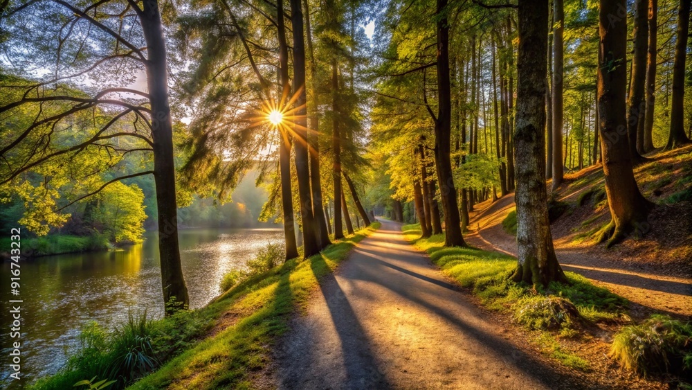 A riverside trail winding through a forest, with sunlight streaming through the trees and casting long shadows on the path. A riverside trail winding through a forest, with sunlight streaming through the trees and casting long shadows on the path.