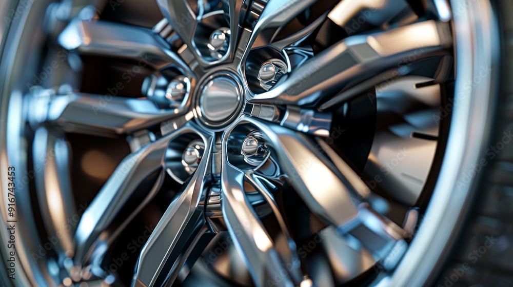 Shiny chrome plated alloy wheel rim with intricate design, reflecting light and revealing the powerful disc brake system Shiny chrome plated alloy wheel rim with intricate design, reflecting light and revealing the powerful disc brake system
