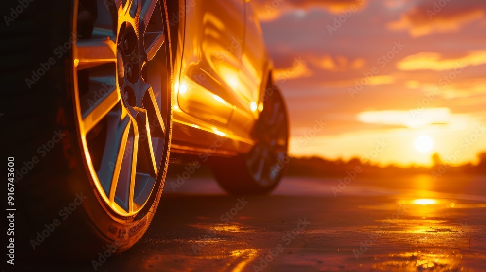 Golden hour sunset view of a car wheel on the road from a low angle, capturing the warm glow of the setting sun
