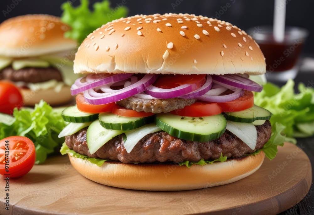 hamburger with onions, salat, tomatoes and curcumber, ai hamburger with onions, salat, tomatoes and curcumber, ai