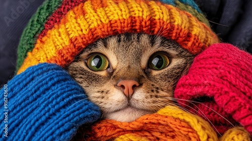 Funny Cat With A Knitted Scarf In An Autumn Composition photo