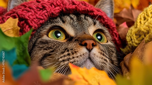 Funny Cat With A Knitted Scarf In An Autumn Composition photo