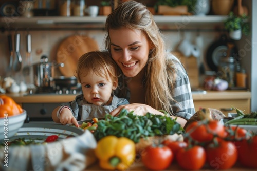 Mother and baby girl cooking together in kitchen