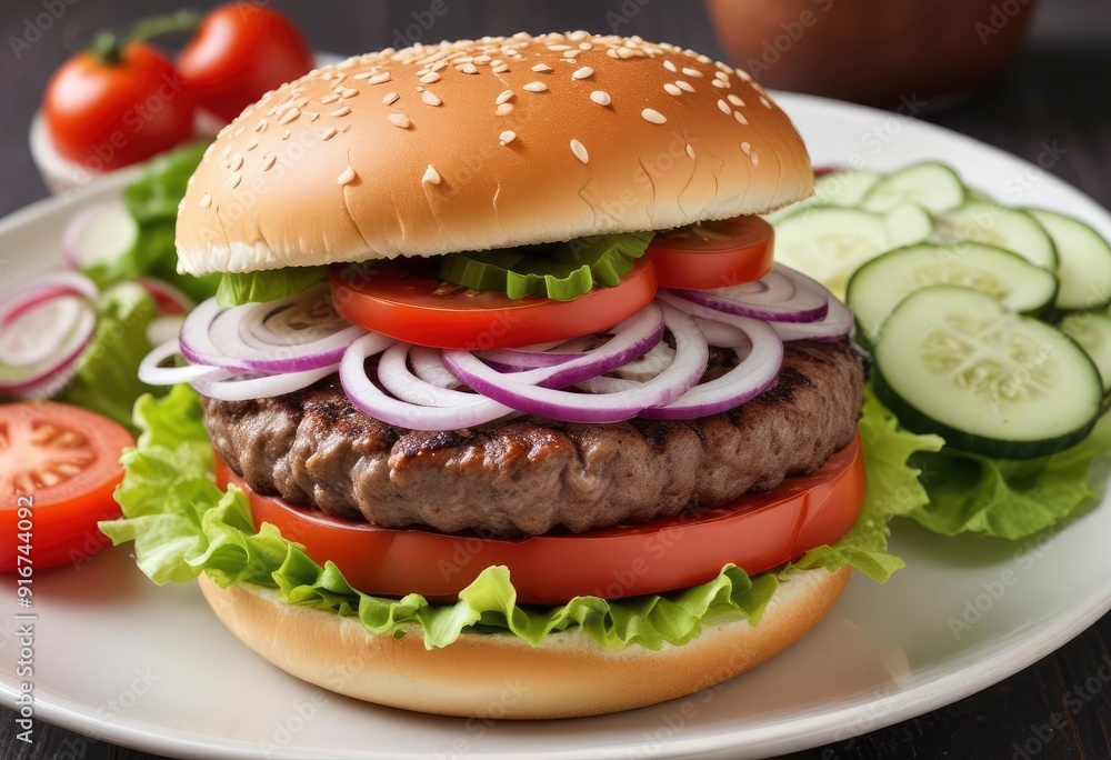hamburger with onions, salat, tomatoes and curcumber, ai hamburger with onions, salat, tomatoes and curcumber, ai