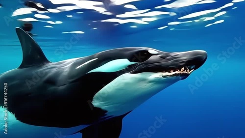 A close-up of an orca whale's face