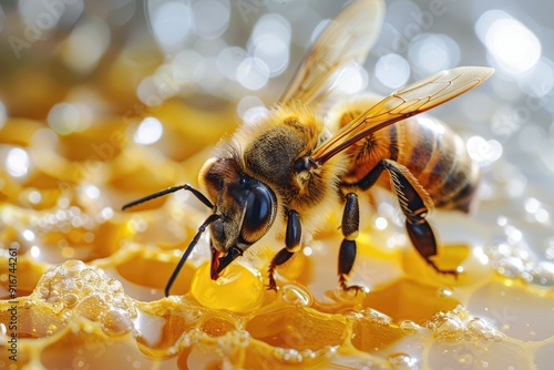 Quite plastic,bee and honey, composition. Insect in nature.