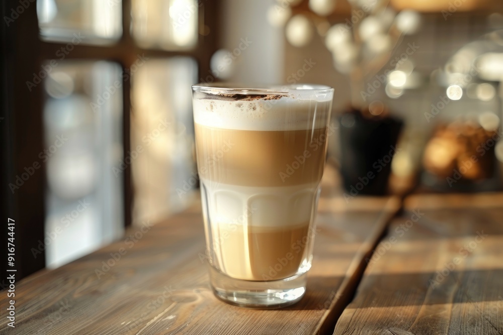 Delicious creamy coffee latte standing on wooden table with coffee beans and cinnamon Delicious creamy coffee latte standing on wooden table with coffee beans and cinnamon