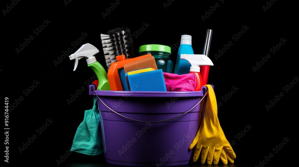 Plastic bucket with cleaning appliances and sprayers on black background. Neural network ai generated art