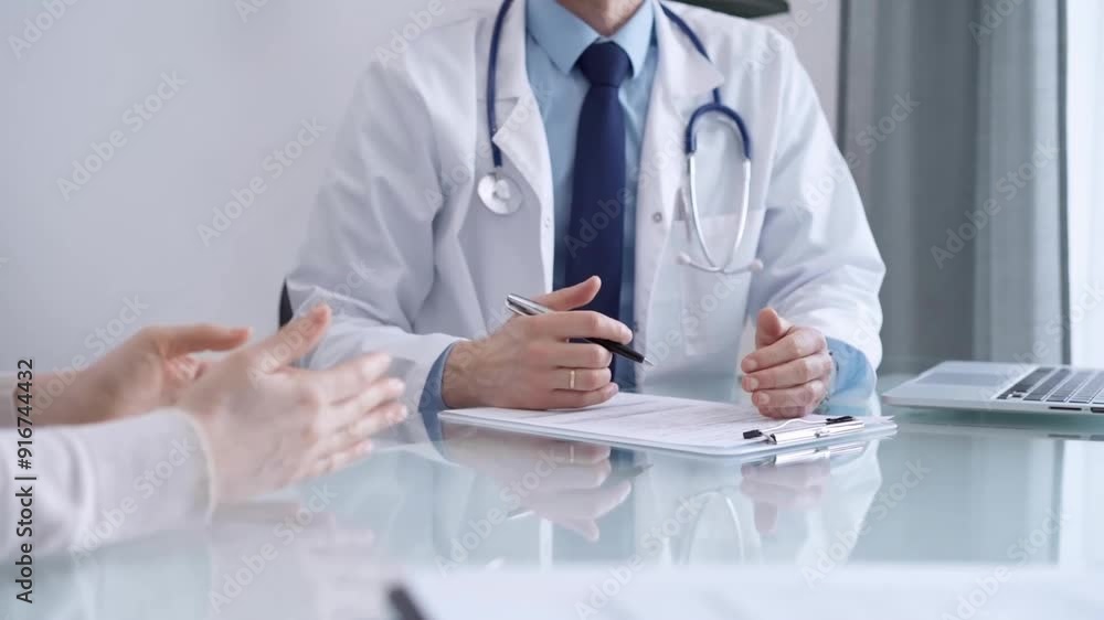 Doctor consulting patient at the glass desk. Male physician is writing notes while talking with a woman in a clinic, close up. Medicine concept Doctor consulting patient at the glass desk. Male physician is writing notes while talking with a woman in a clinic, close up. Medicine concept