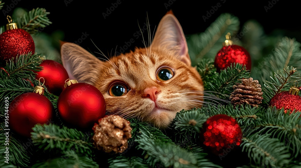 Ginger Cat And Decorated Christmas Tree, New Year Celebration Ginger Cat And Decorated Christmas Tree, New Year Celebration