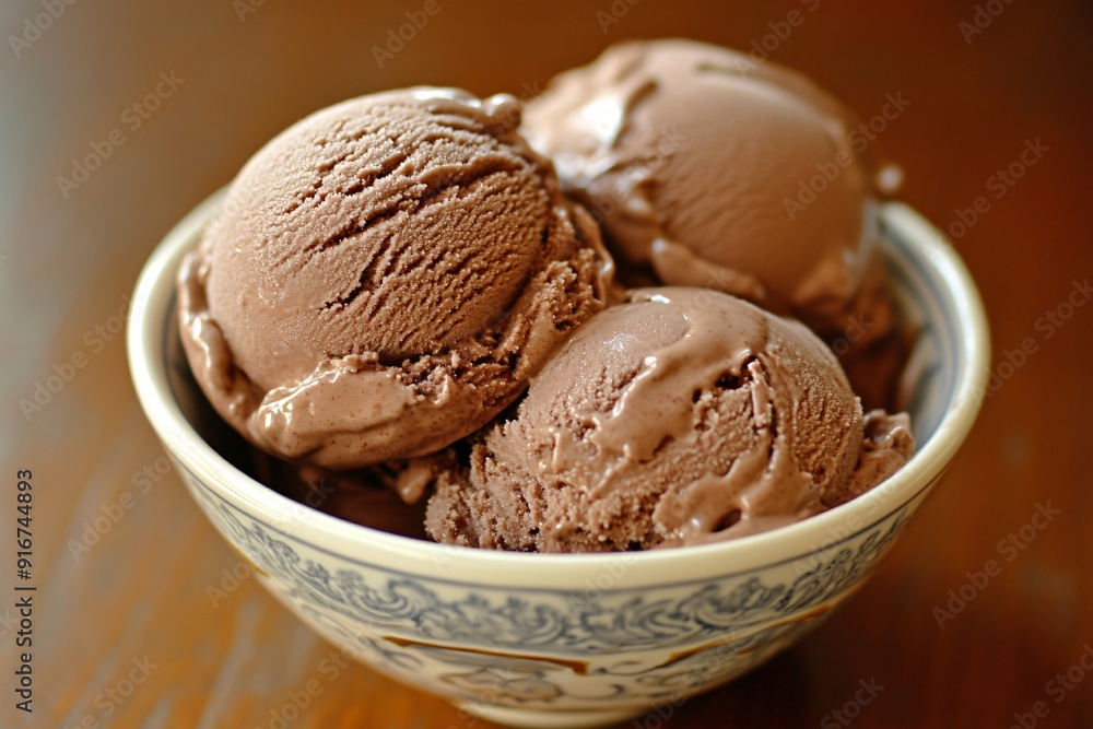 Indulge in rich, creamy chocolate ice cream scoops melting in a white bowl, a delicious summer treat on a warm day Indulge in rich, creamy chocolate ice cream scoops melting in a white bowl, a delicious summer treat on a warm day
