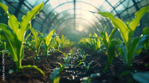 A lush greenhouse full of vibrant green seedlings, basking in sunlight and thriving in a controlled environment, signifying growth and life. photo