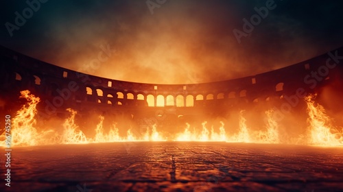 Flickering flames around the Coliseum, with a misty haze, capturing the majestic and atmospheric essence of the ancient arena 8K , high-resolution, ultra HD,up32K HD