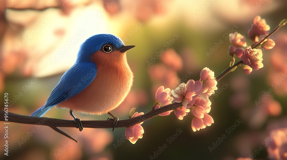 Bluebird Perched on a Branch with Delicate Pink Blossoms Bluebird Perched on a Branch with Delicate Pink Blossoms