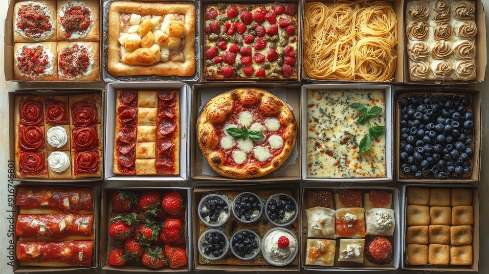 A stack of delivery boxes filled with various cuisines, including pizza, pasta, and desserts, all ready to be enjoyed. A stack of delivery boxes filled with various cuisines, including pizza, pasta, and desserts, all ready to be enjoyed.