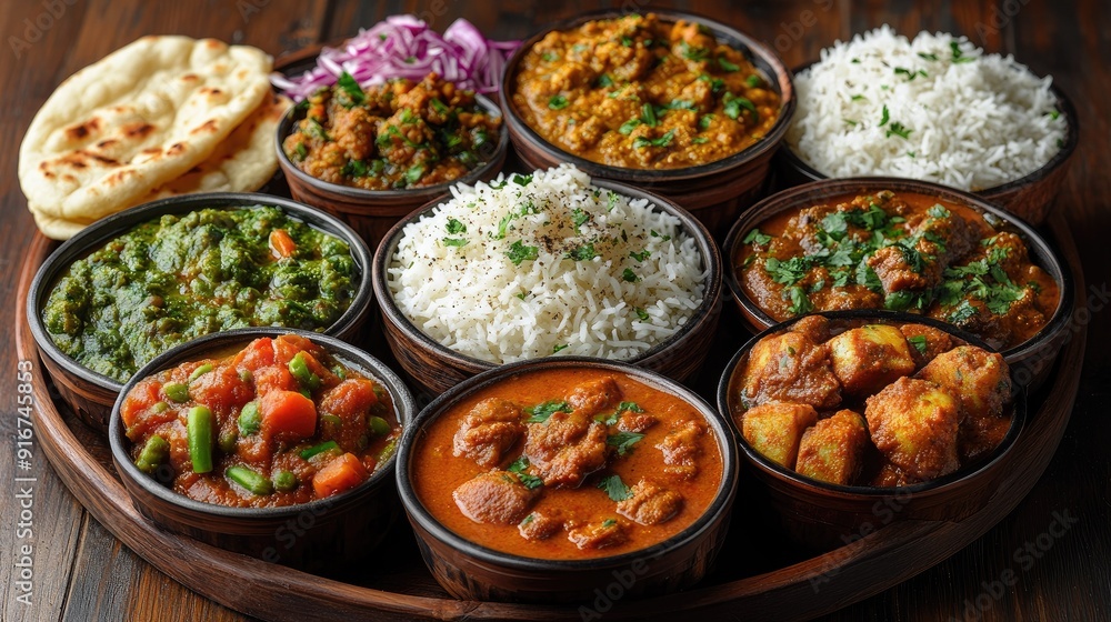 A variety of Indian dishes in compartmentalized delivery boxes, including naan, curry, and rice, presented with vibrant colors and textures. A variety of Indian dishes in compartmentalized delivery boxes, including naan, curry, and rice, presented with vibrant colors and textures.