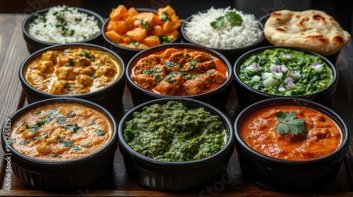 A variety of Indian dishes in compartmentalized delivery boxes, including naan, curry, and rice, presented with vibrant colors and textures.