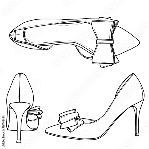Lace Up High Heels Stilletos Heels for Women Pointed Toe Heels line art, Technical sketch hand drawing outline vector doodle illustration various view isolated on white background