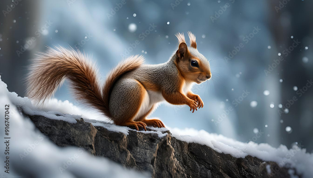 A small fluffy tailed squirrel climbs a steep, snowy cliff A small fluffy tailed squirrel climbs a steep, snowy cliff