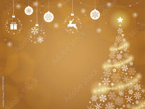 クリスマスツリーとオーナメントの背景ゴールド_ベクターイラスト