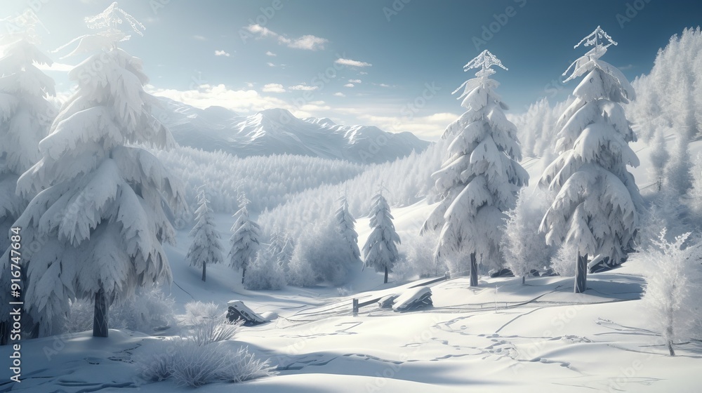 Obraz premium A snowy landscape with a few trees and a cabin in the distance