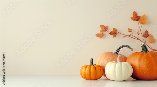 Warm fall scene with colorful gourds on a pale backdrop, emphasizing ample empty area for text or designs 8K , high-resolution, ultra HD,up32K HD