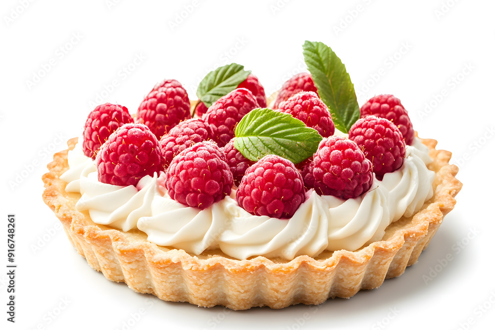 Tartlet with white cream and fresh raspberries isolated on white background Tartlet with white cream and fresh raspberries isolated on white background