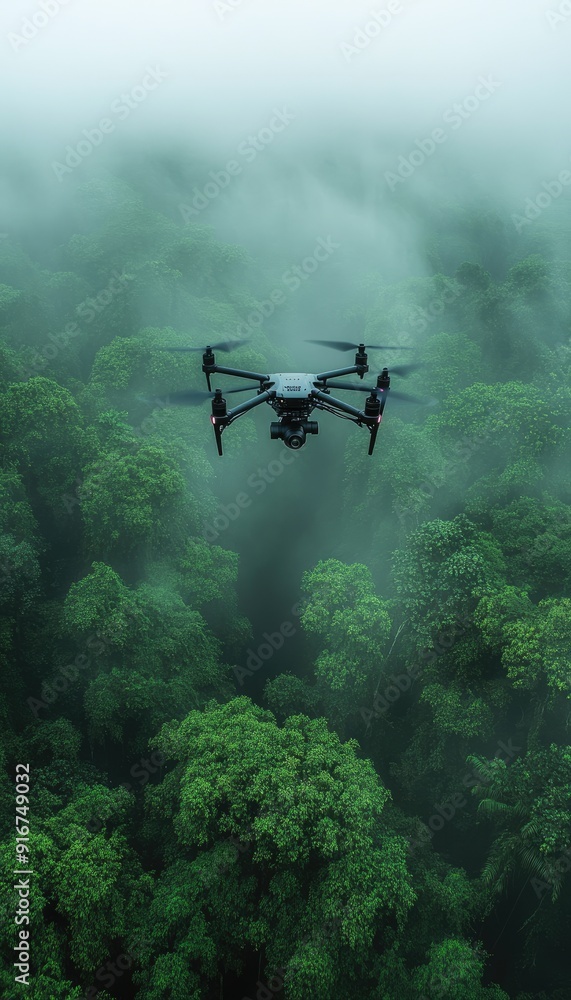 Naklejka premium Drone flying over a misty forest
