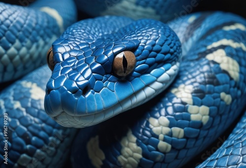 Blue viper snake closeup face, ai