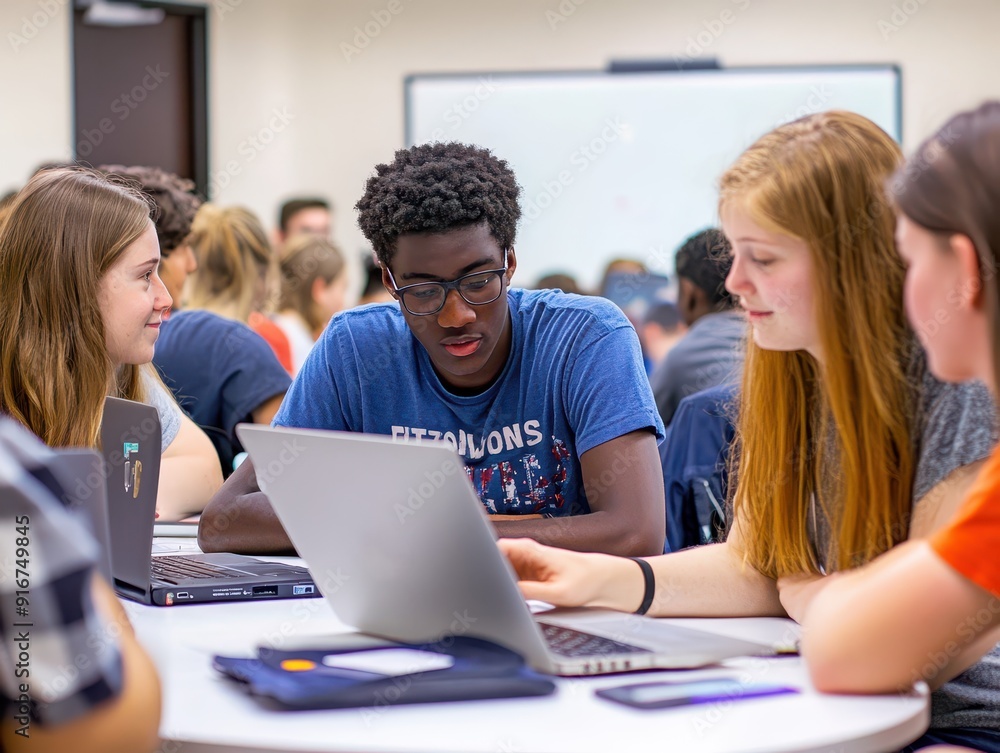 Diverse group of students in a study hall, working together on laptops and whiteboards, symbolizing collective learning and academic pursuit, college life, collaborative learning Diverse group of students in a study hall, working together on laptops and whiteboards, symbolizing collective learning and academic pursuit, college life, collaborative learning