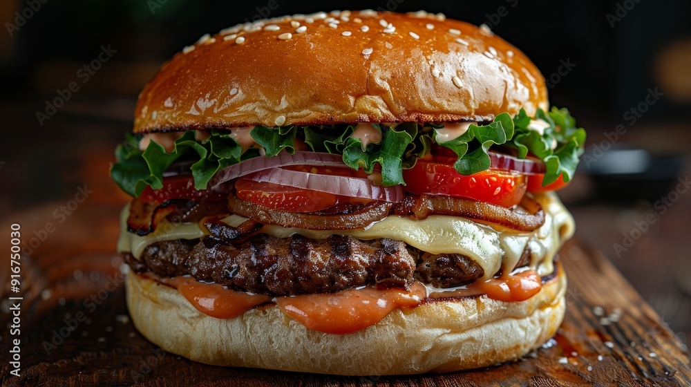 A gourmet hamburger topped with fresh ingredients on a wooden board in a rustic setting A gourmet hamburger topped with fresh ingredients on a wooden board in a rustic setting