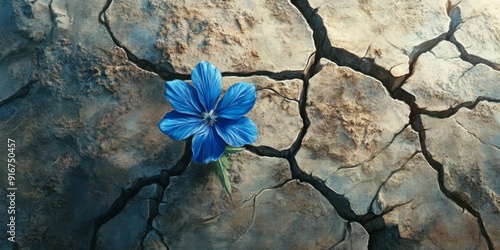 Eternal Hope: A Blue Flower Blooming Through Cracks in Arid Soil, Symbolizing Resilience and Enduring Spirit in Quiet Strength. photo